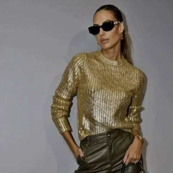 BLOGGER’S FAVE | NWT ZARA GOLD METALLIC SHIMMER CRACKLED KNIT SWEATER - Picture 6 of 11
